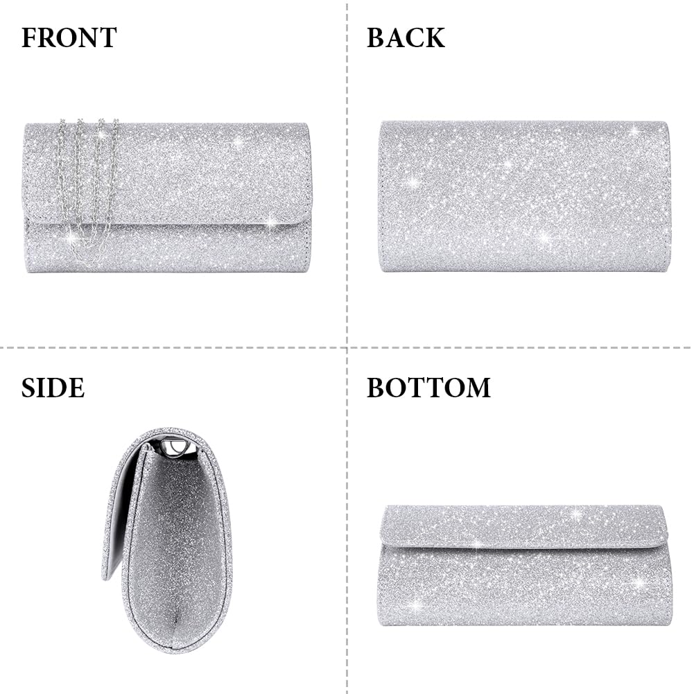 OSDUE Evening Bag Clutch Purses, Rhinestones Purse Silver Sparkling Wedding Party Purse Envelope Evening Bag with Detachable Chain for Women