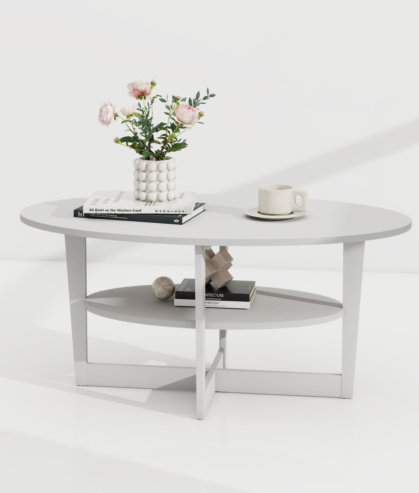 VPSMAT Coffee Table for Living Room, 2-Tier Round Wood Center Table with Storage Shelf Modern Design Home Furniture for Apartment White