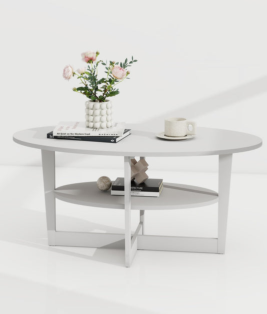 VPSMAT Coffee Table for Living Room, 2-Tier Round Wood Center Table with Storage Shelf Modern Design Home Furniture for Apartment White