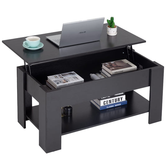 FDW 39.4" Lift Top Coffee Table with Hidden Compartment and Storage Shelf Wooden Lift Tabletop for Home Living Room Reception Room Office (Black)