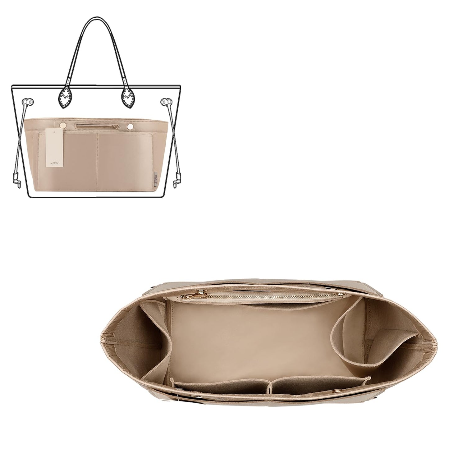 ZTUJO Purse Organizer Insert For Handbag & Tote Shaper,Tote Bag Organizer Insert For Speedy Neverful, 6 Sizes(X-Large,Silky Beige)