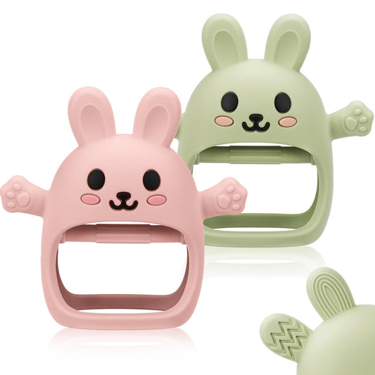 2 Pack Baby Teething Toy for 3-6 6-12 Months, Silicone Bunny Teething Mitten, Anti Drop Wrist Hand Baby Teethers 0 3 6 9 12 Months for Babies Sucking Needs (Light Pink & Green)