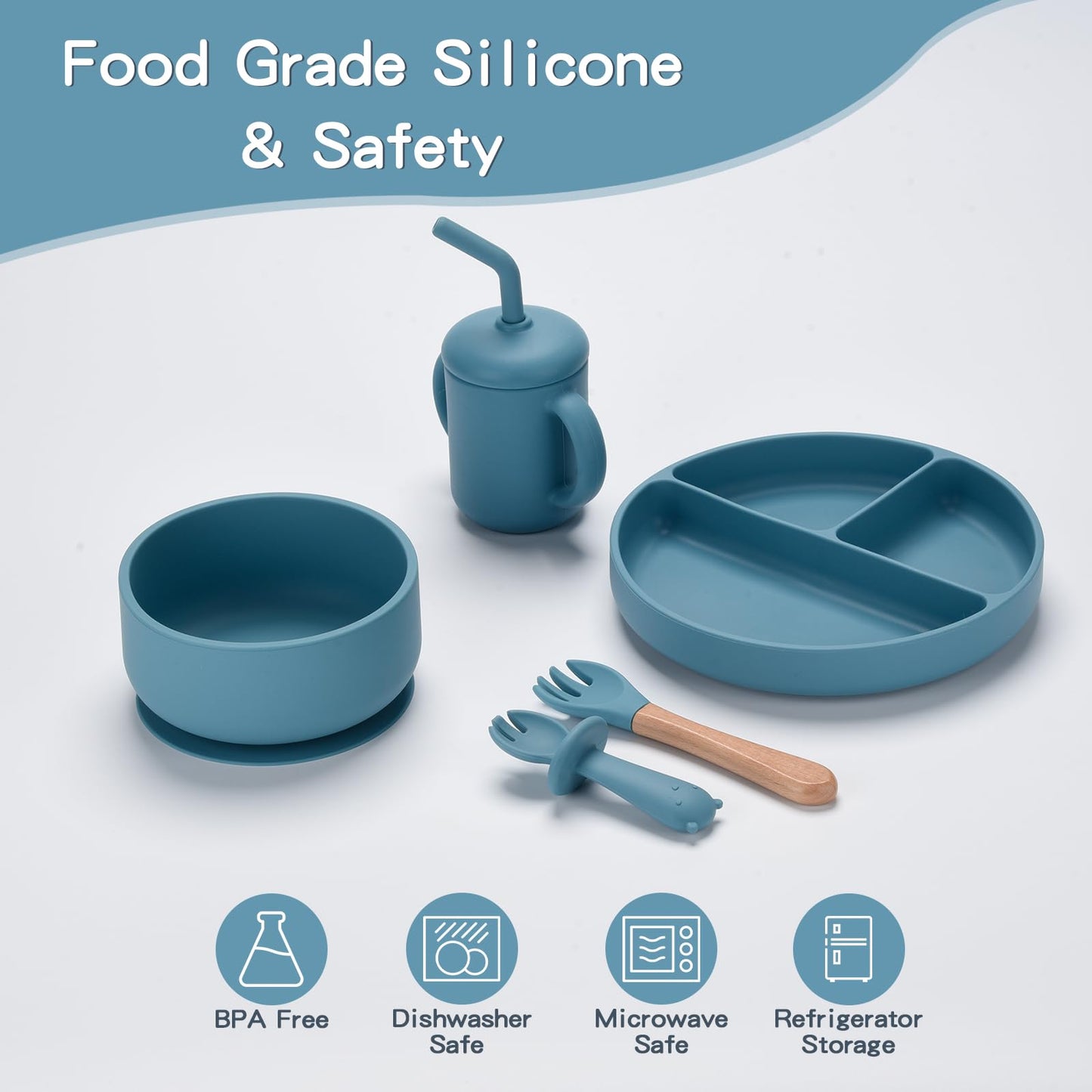 Silicone Feeding Set, 13PCS Baby Feeding Essentials with Suction Bowl & Plate, Spoons & Forks, Bib & Cup, Toothbrush, Baby Led Weaning Supplies for 6+ Months, Eating Essentials (Blue)