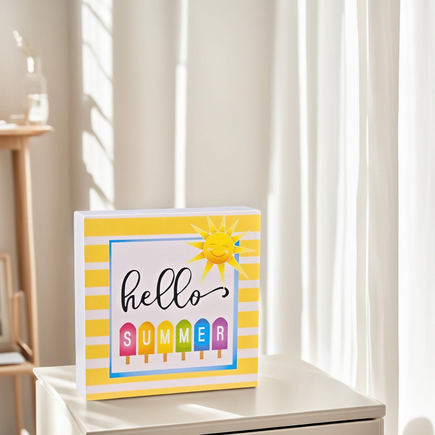 Summer Decor Summer Decorations for Home Hello Sunshine Popsicle Wood Box Sign Rustic Wooden Shelf Desk Decor Season House Warming Gifts 5.9 x 5.9 Inch