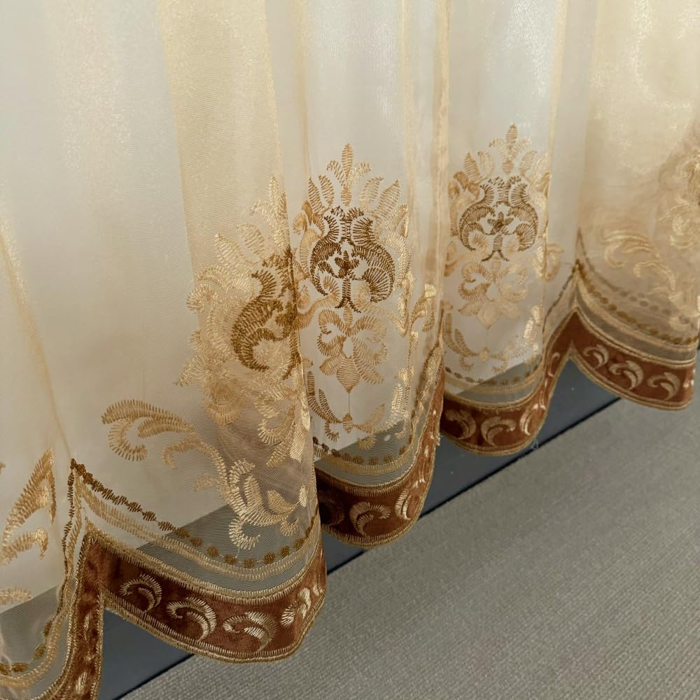 Amidoudou European Luxury Embroidered Sheer Curtains for Living Room Bedroom Tulle Curtains (2 Panels, 63 x 90 inches, Coffee)