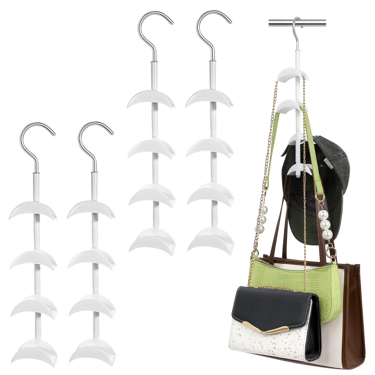 Dimeho 4 Pcs Purse Hanger for Closet, Hanging Bag Holder 360°Rotatable Handbag Hook Space Saving Bags Storage Metal Backpack Rack Purses White Tote Bag Hanging Organizer for Closet