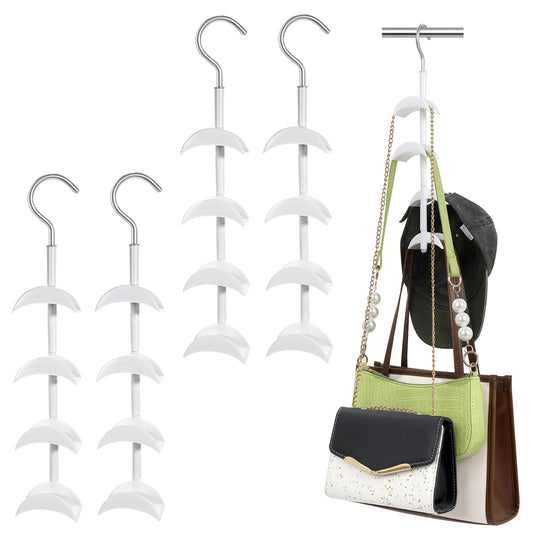 Dimeho 4 Pcs Purse Hanger for Closet, Hanging Bag Holder 360°Rotatable Handbag Hook Space Saving Bags Storage Metal Backpack Rack Purses White Tote Bag Hanging Organizer for Closet