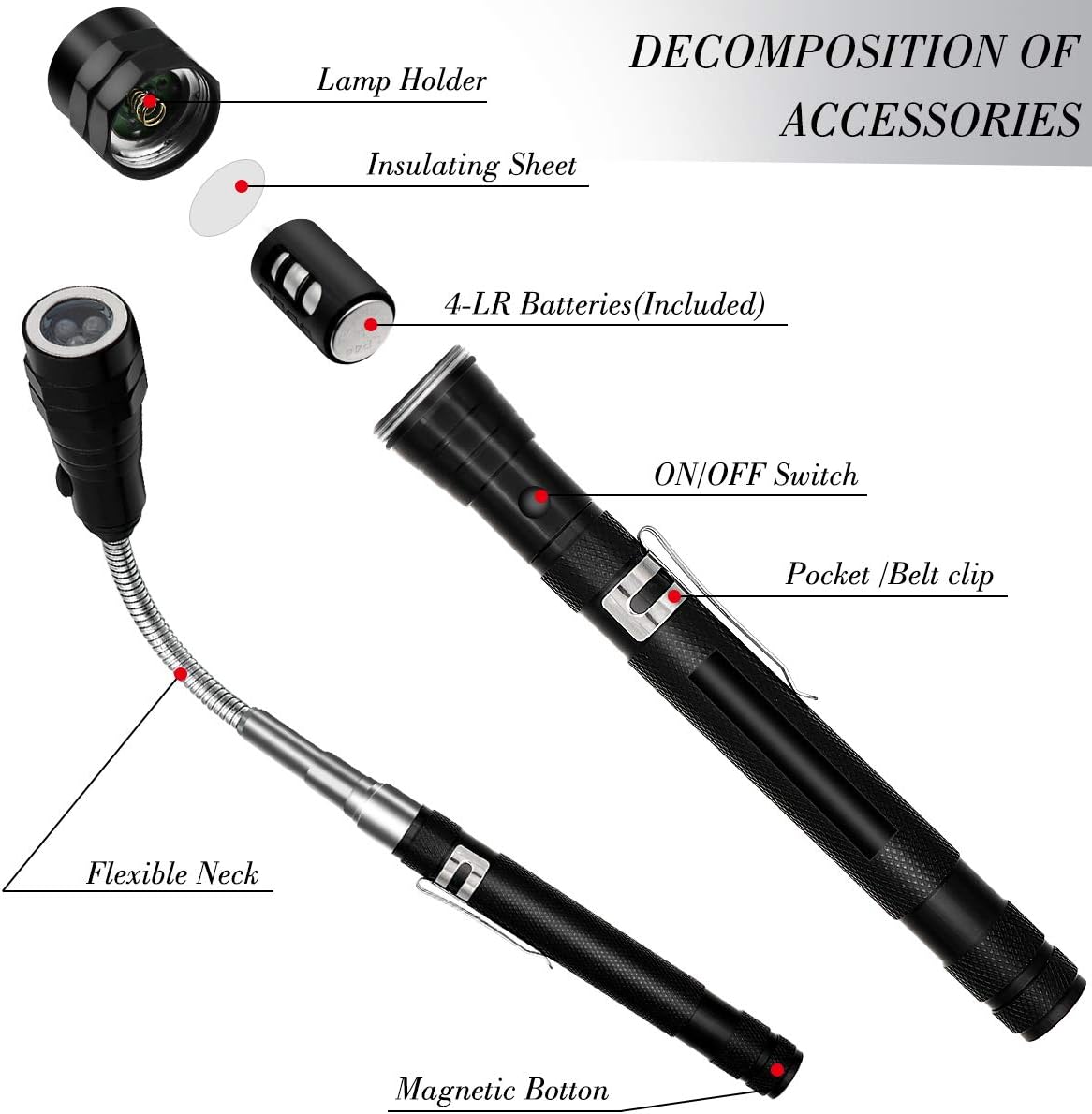 Magnetic Pick-up Tools,5PcsTelescoping Magnetic Pick-Up Tool Dad Father Christmas Gift 15lb/1lb Pick Up Rod, Telescoping Flexible 3 Led Flashlight Round/Square 360° Swivel Adjustable Inspection Mirror