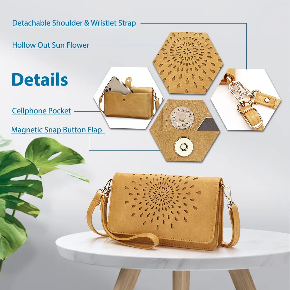 APHISON Multi-Function Small Crossbody Bags For Women,Cell Phone Shoulder Bag,Clutch Purse,RFID Wristlet Wallet,Card Holder Yellow