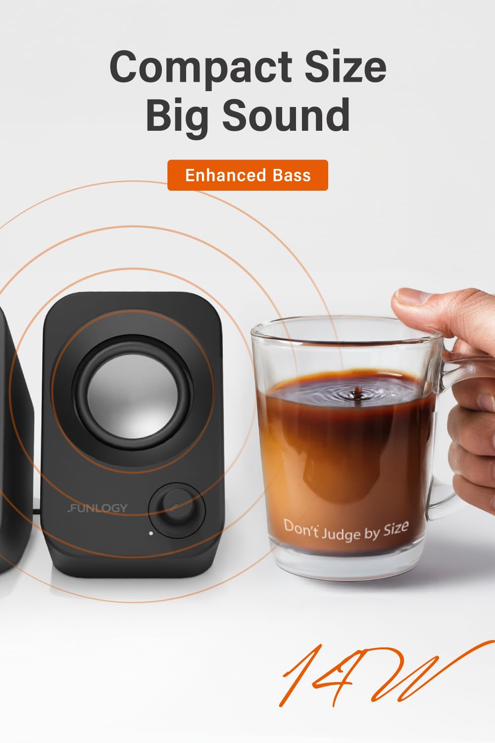 FUNLOGY Speaker - 14W Stereo PC Speakers, USB Powered, Compact Size with 30° Tilt Design, Volume Dial Control, for Desktop, Laptop, Monitor, Gaming Consoles, Black