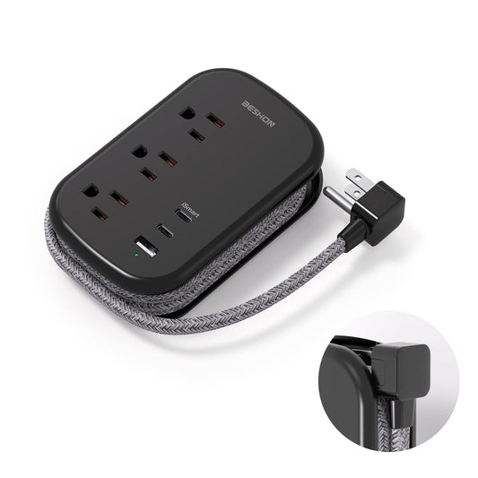 BESHON Flat Plug Power Strip, 3 Outlets with 3 USB Ports(2 USB C), Ultra Flat 3.2ft Wrapped Around Extension Cord for Cruise Ship, Travel, Dorm Room Essentials