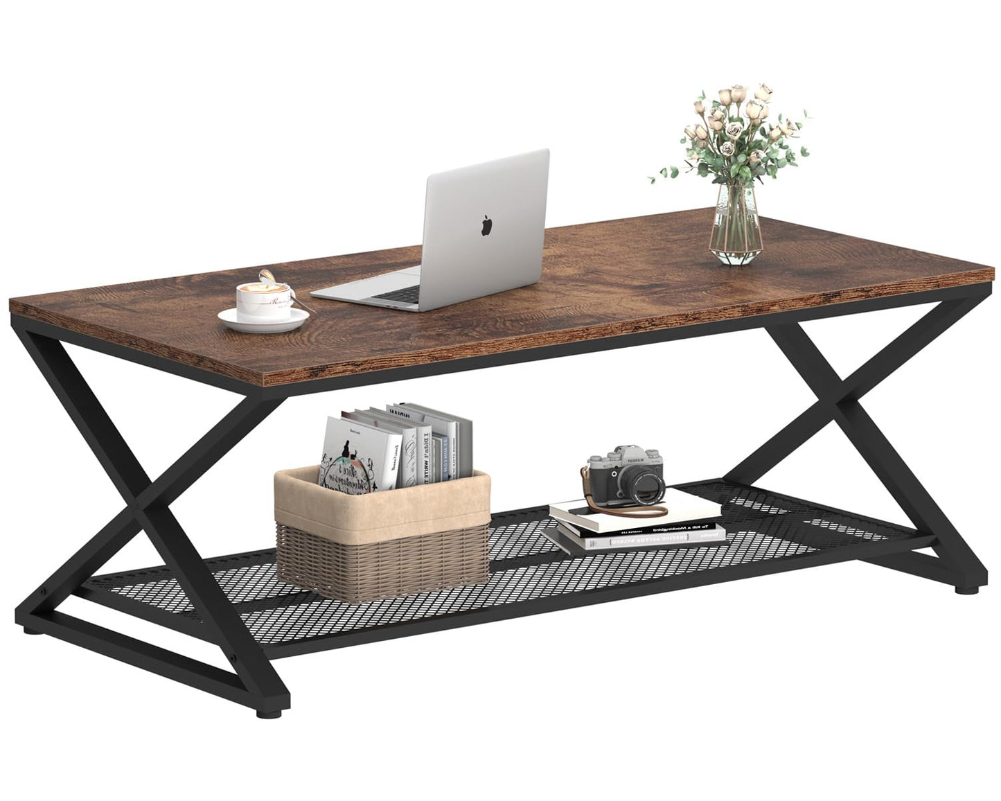 LVB Rustic Coffee Table with Storage, Industrial Wood Metal 2 Tier Center Living Room Table with Mesh Shelf, Farmhouse Wooden Low Rectangle Cocktail Tea Table for Office Bedroom, 47 inch, Rustic Brown