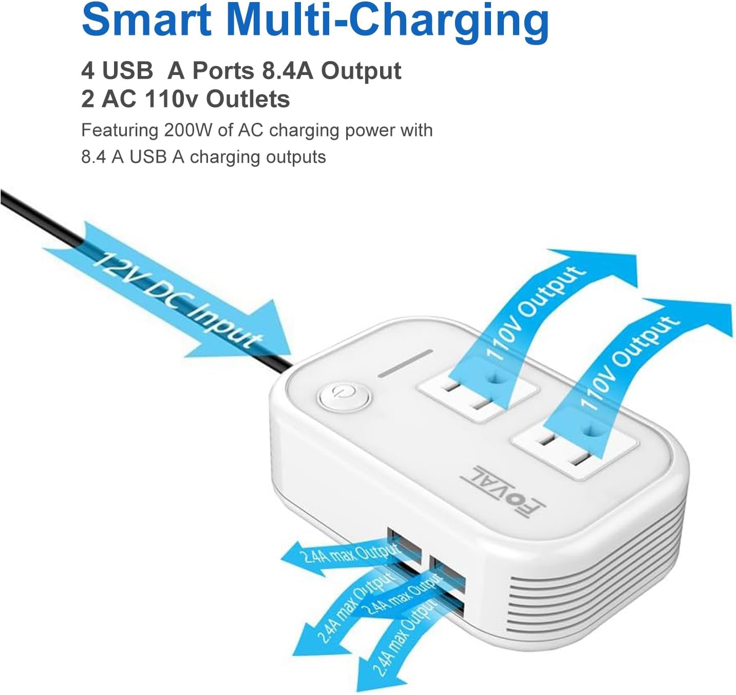 FOVAL 200W Car Power Inverter, DC 12V to 110V AC Car Outlet Adapter Plug Adapter Converter with 4 USB Ports Laptop Charger for Vehicles (White)