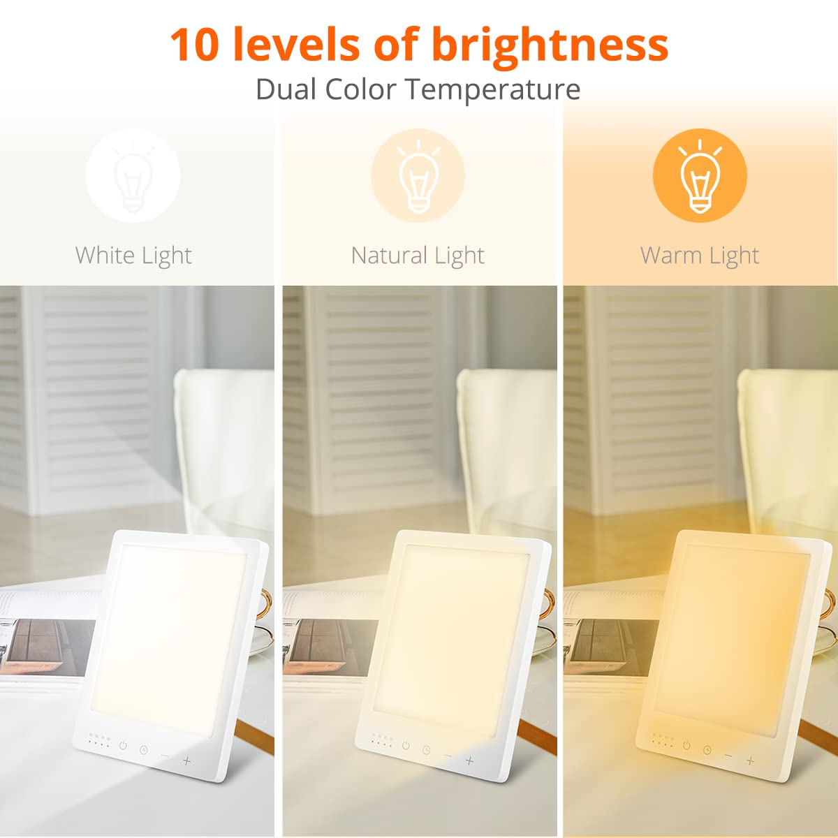 EasyHome Light Therapy Sun Lamp 10000 Lux LED Energy with 10 Adjustable Brightness Dual Color Temperature Adjustment White Warm Light 4 Timer and Memory Function