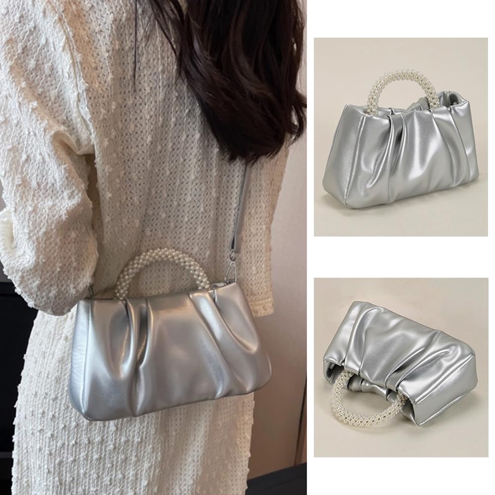 Beatfull Evening Purse Women Small Pearl Handbags Soft Leather Ruched Bag Wedding Bridal Clutch Party Prom Crossbody Purses Silver