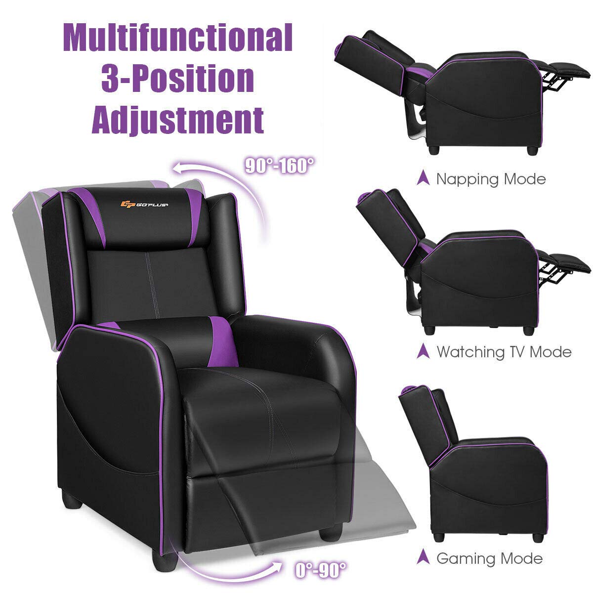 Goplus Massage Gaming Recliner Chair, Racing Style PU Leather Single Recliner Sofa with Footrest, Adjustable Modern Living Room Recliners, Ergonomic Home Theater Recliner Seat
