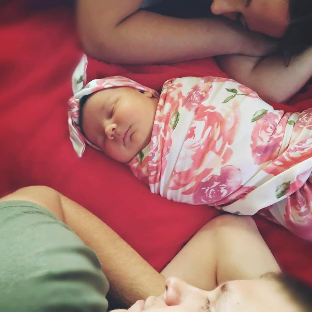 DRESHOW BQUBO 3 Sets Receiving Blanket with Headbands Newborn Baby Floral Printed Baby Shower Swaddle Gift