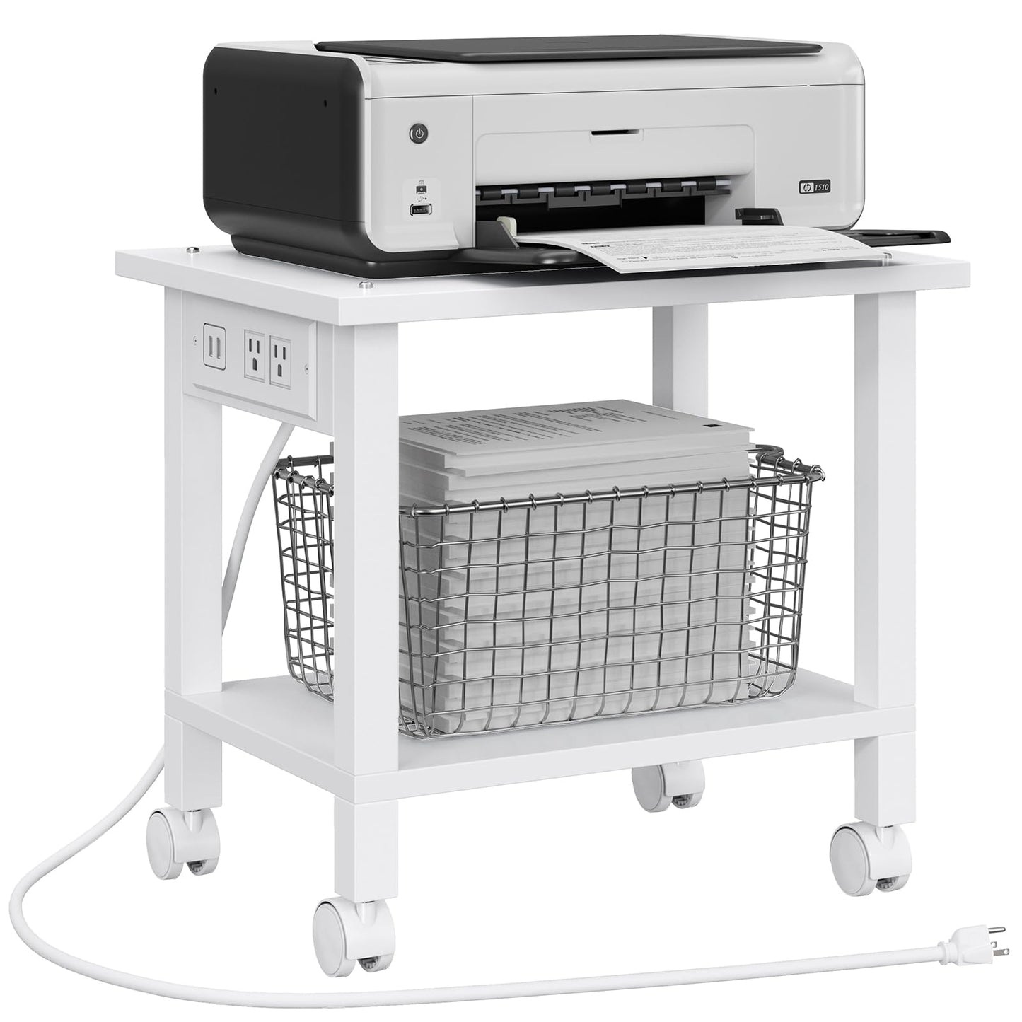TUTOTAK 2 Tier Printer Stand, Rolling Printer Cart with Power Outlets and USB Ports, Mobile Printer Table with Wheels, for Under Desk, Office, Home, White PS01BW001