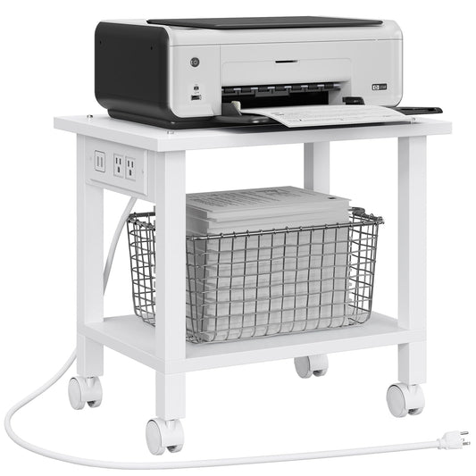 TUTOTAK 2 Tier Printer Stand, Rolling Printer Cart with Power Outlets and USB Ports, Mobile Printer Table with Wheels, for Under Desk, Office, Home, White PS01BW001