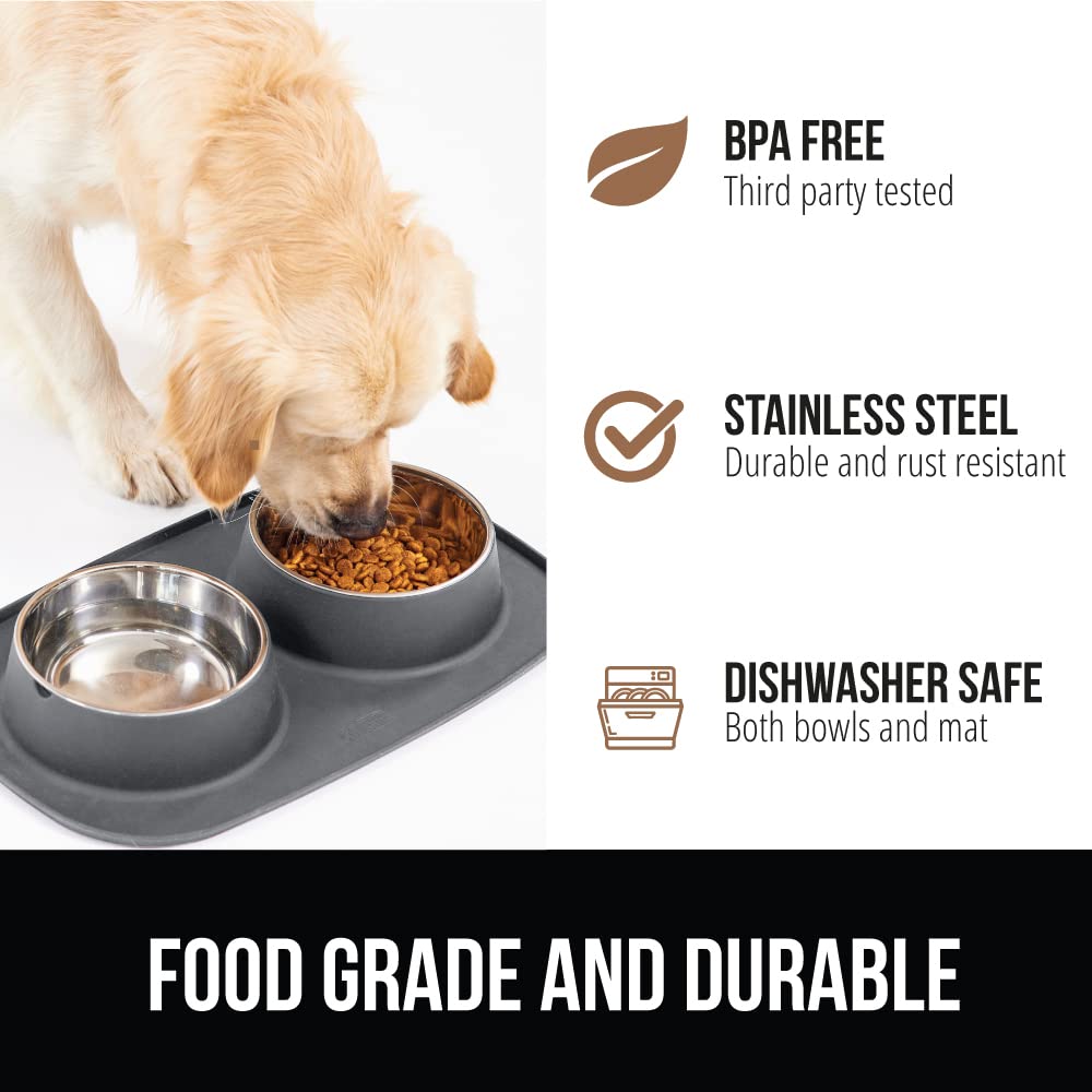 GORILLA GRIP Patent Pending 100% Waterproof BPA Free Cat and Dog Bowls Silicone Feeding Mat Set, Stainless Steel Bowl Slip Resistant Raised Edges, Catch Water, Food, Pet Accessories, 2 Cup, Gray
