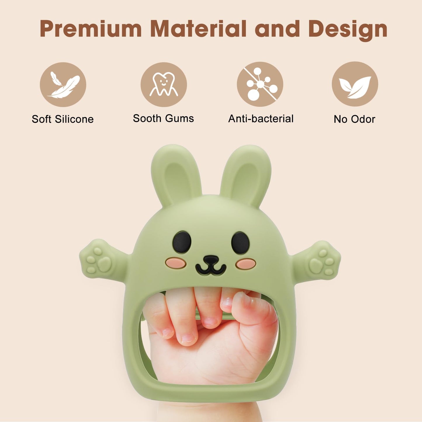 2 Pack Baby Teething Toy for 3-6 6-12 Months, Silicone Bunny Teething Mitten, Anti Drop Wrist Hand Baby Teethers 0 3 6 9 12 Months for Babies Sucking Needs (Light Pink & Green)