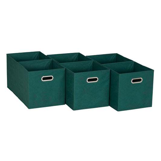 Household Essentials Fabric Storage Cube Bins, 6 Piece Set, Strong Poly-Woven Fabric, Chipboard Sides, Grommet Front Handle, Stackable and Foldable, Classic Design, Green