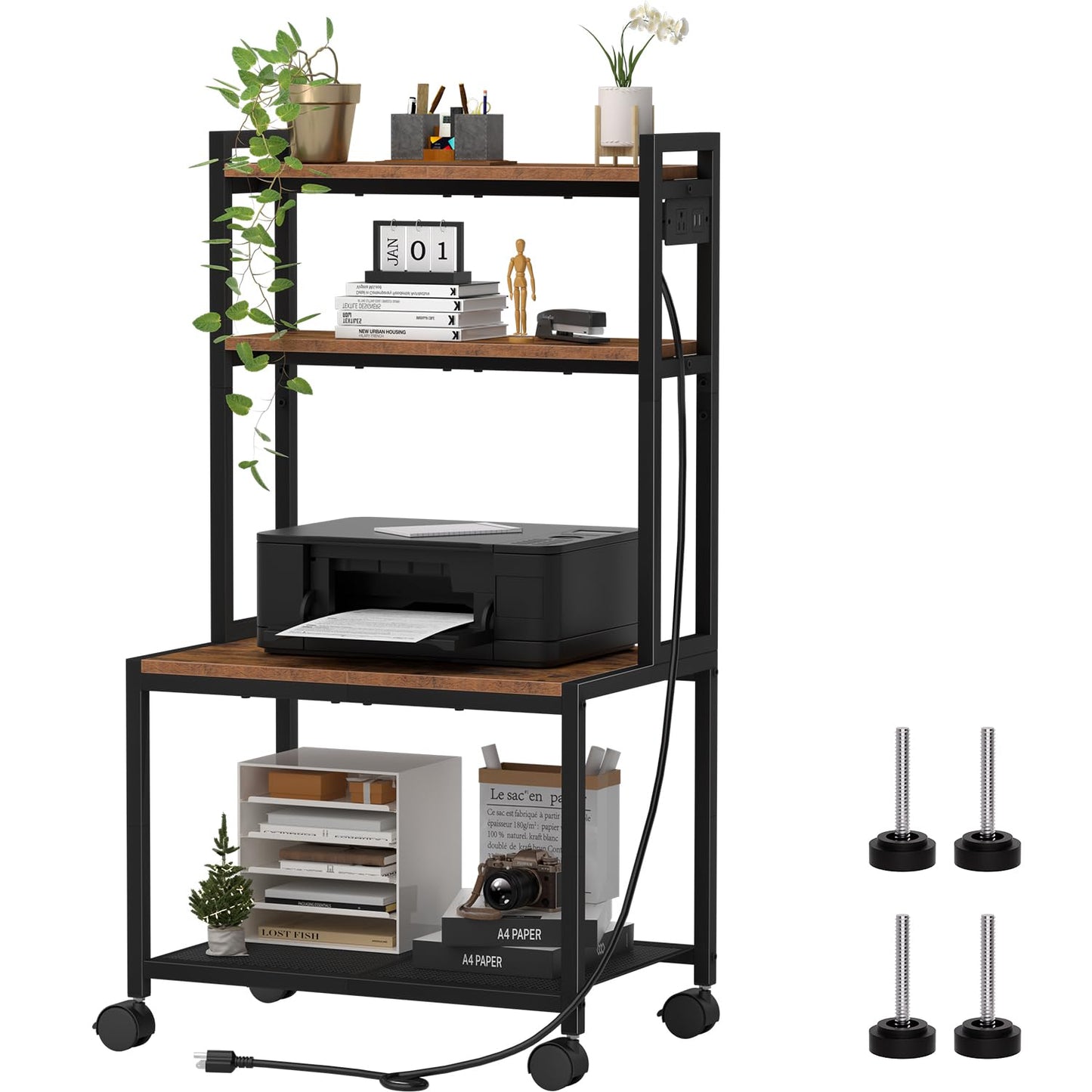 Asgolion Large Printer Stand with Storage, 4 Tier Table with Wheels for Home Office, Beside Desk for Printer, Scanner, Fax, Rustic Brown