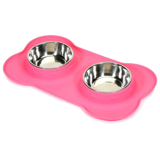 AsFrost Dog Food Bowls Stainless Steel Pet Bowls & Dog Water Bowls & Cat Bowls for Food and Water No-Spill Non-Skid Silicone Mat, Feeding Bowls with Dog Bowl Mat for Dogs Cat Dood Dish, Pink, 12oz