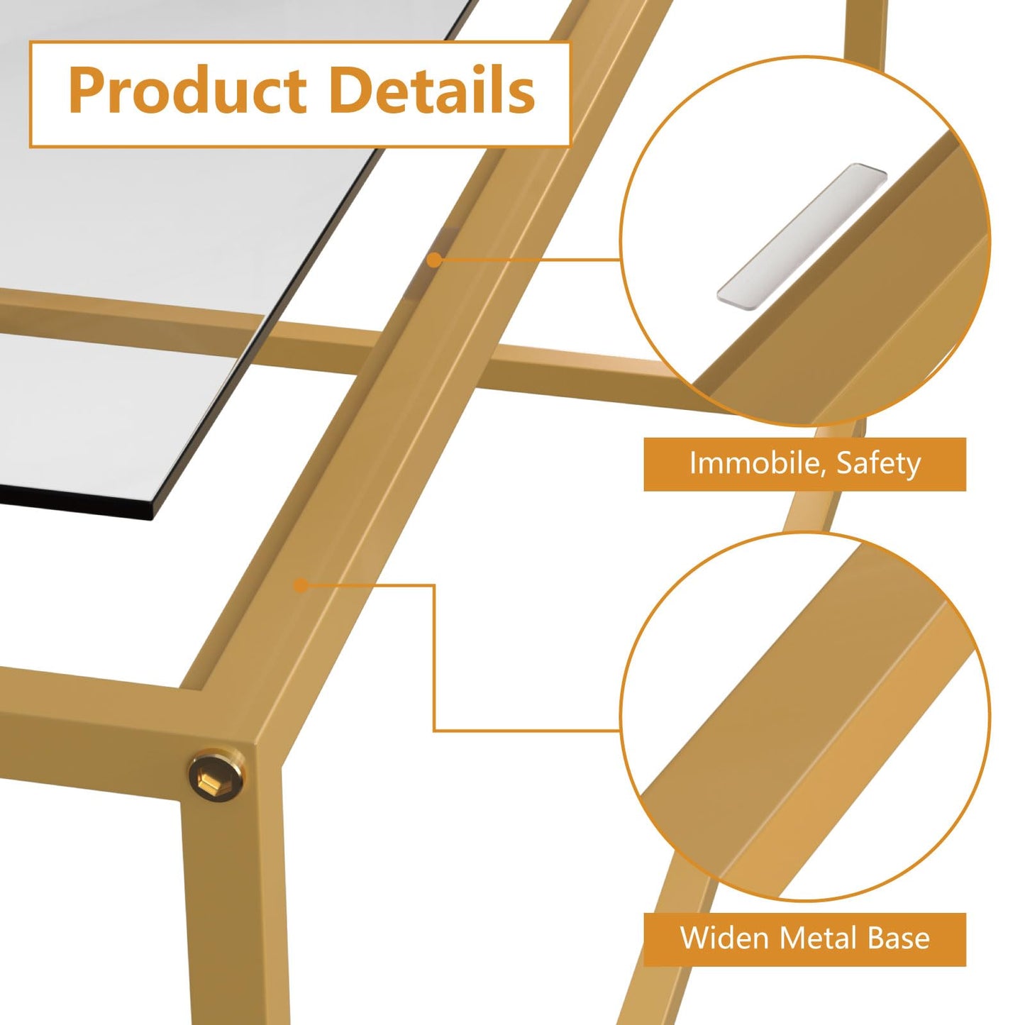 Tempered Glass Coffee Table - Minimalist Center Table for Living Room, Office - Modern Top With Sturdy Metal Frame & Open Storage - Easy Assembly, Gold