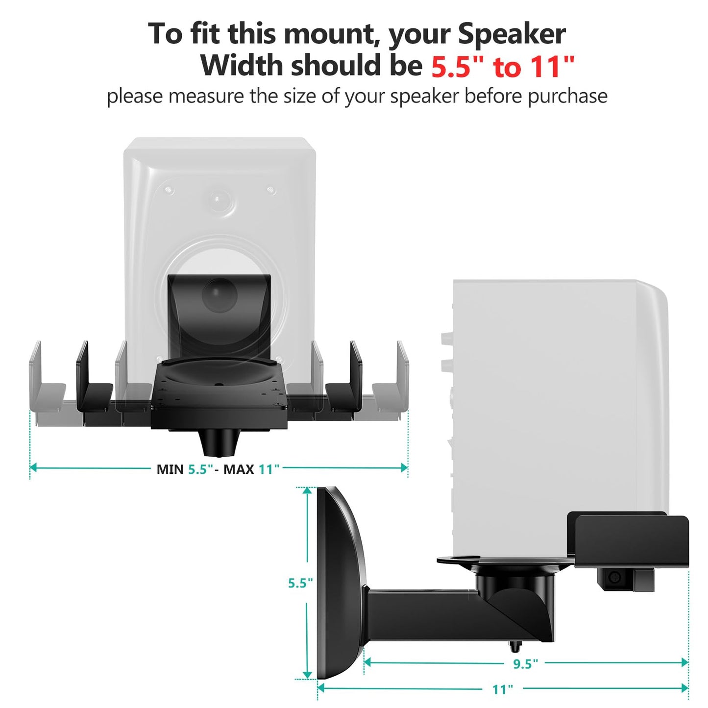 WALI Speaker Wall Mounts, Dual Side Clamping Bookshelf Mounting Bracket for Large Surrounding Sound Speakers, Hold up to 55 lbs. (SWM201), 1 Pair, Black