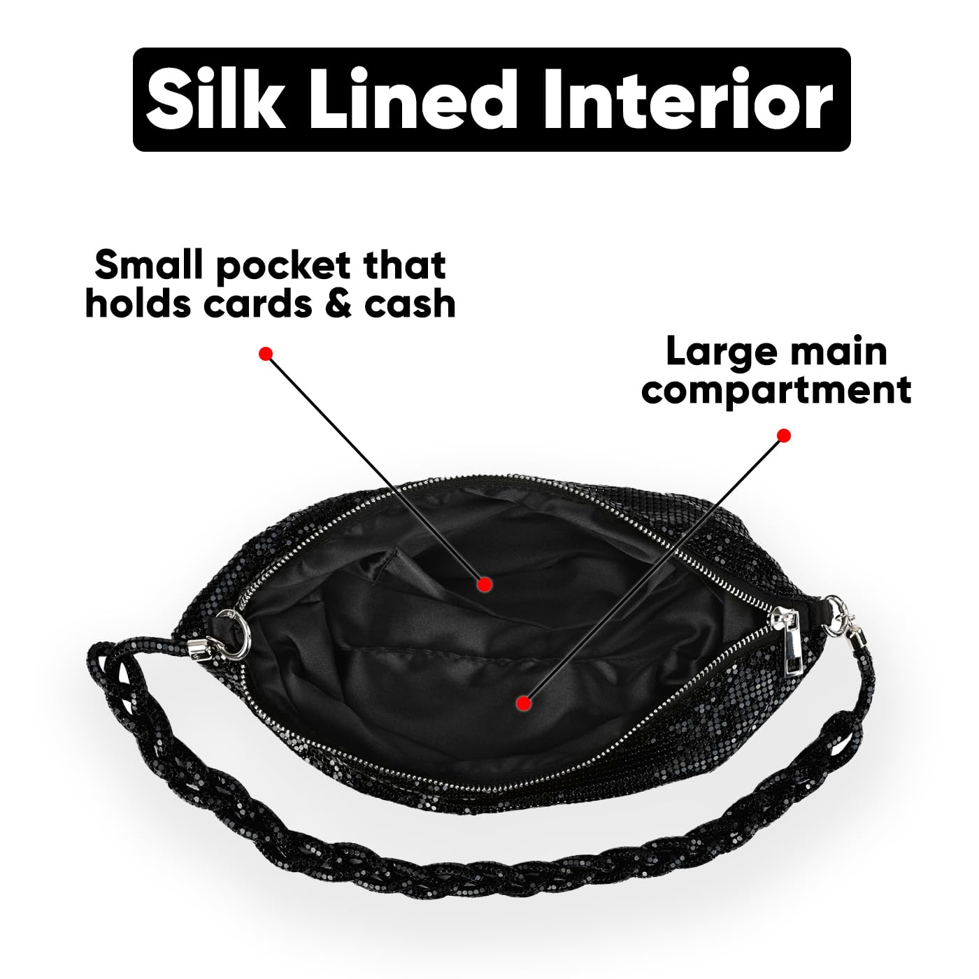 HDE Women's Metallic Mesh Evening Bag Shiny Braid Knotted Shoulder Purse Handbag Black