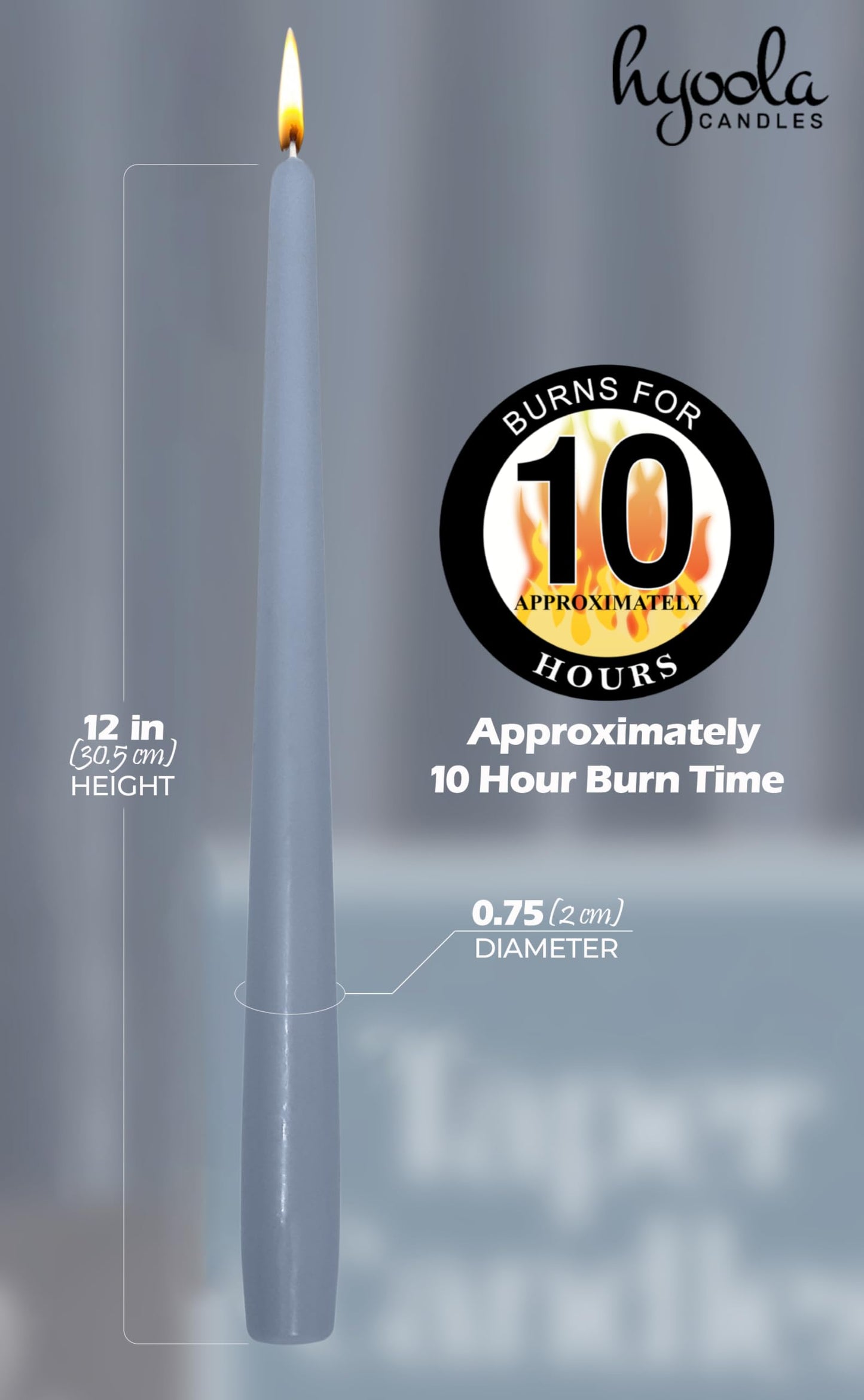 Hyoola Tall Taper Candles - 12 Inch Grey Blue Unscented Dripless Taper Candles - 10 Hour Burn Time - 12 Pack