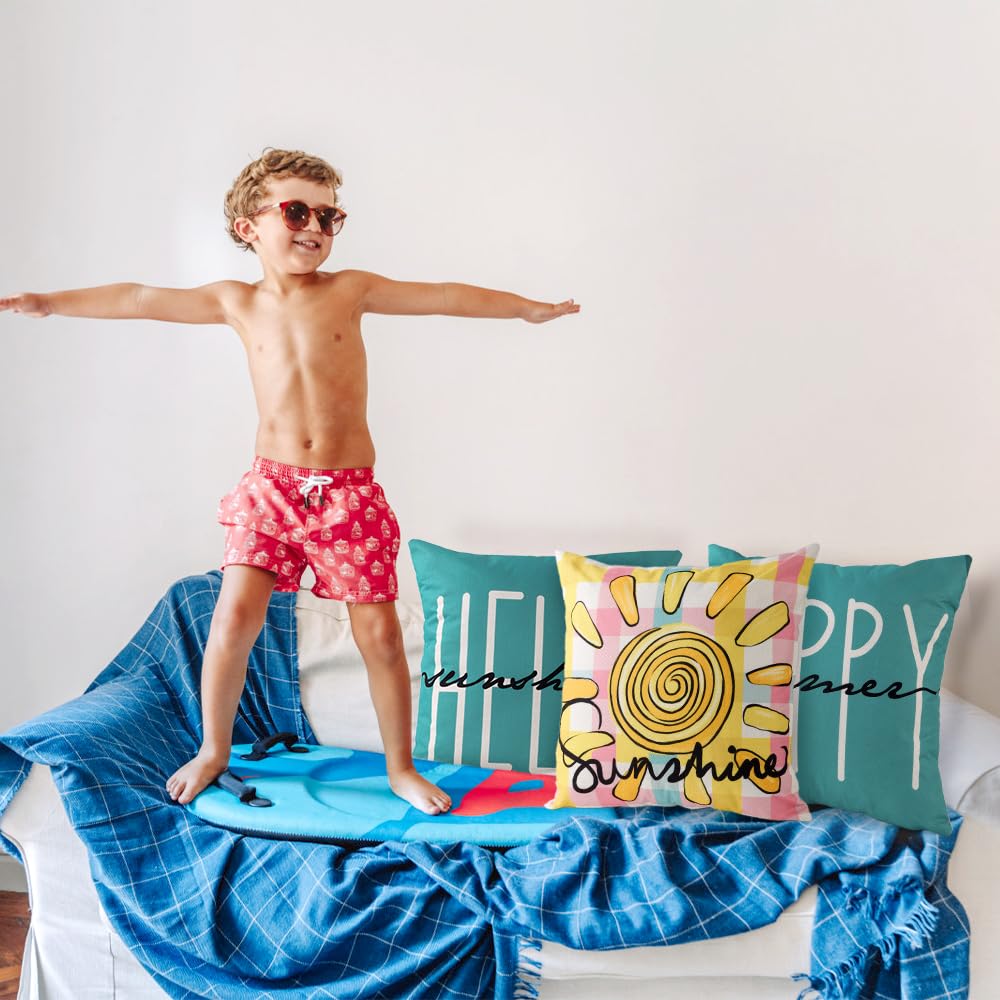 Vellibring Summer Pillow Covers 18x18 Happy Summer Throw Pillow Covers Hello Sunshine Ice Cream Pillow Covers for Farmhouse Decoration Indoor Outdoor Home Decor