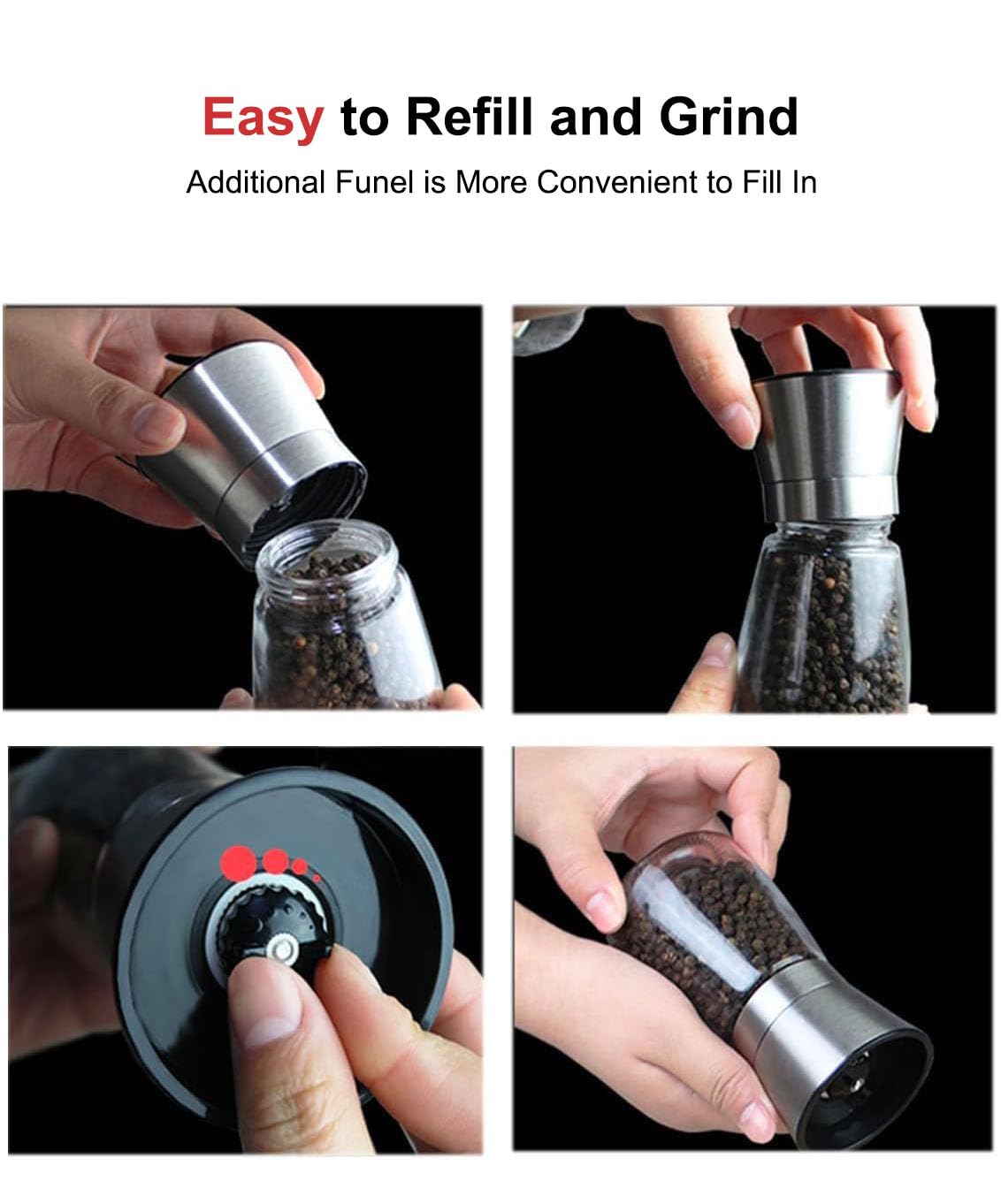 TooWoom Pepper Grinder Salt Grinder, 5 inch Stainless Steel Pepper Mill w/Adjustable Coarseness, Refillable Salt with Funnel, Cleaning Brush, Manual Pepper Grinder for Black Peppercorns