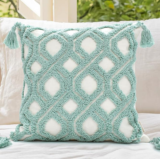 LOOPUINHOM Boho Pillow Covers 18X18 Inch Boho Tufted Throw Pillow Covers Decorative Tassels Cushion Cover Farmhouse Pillow Case for Couch Sofa Bed Living Room Bedroom, Aqua Green