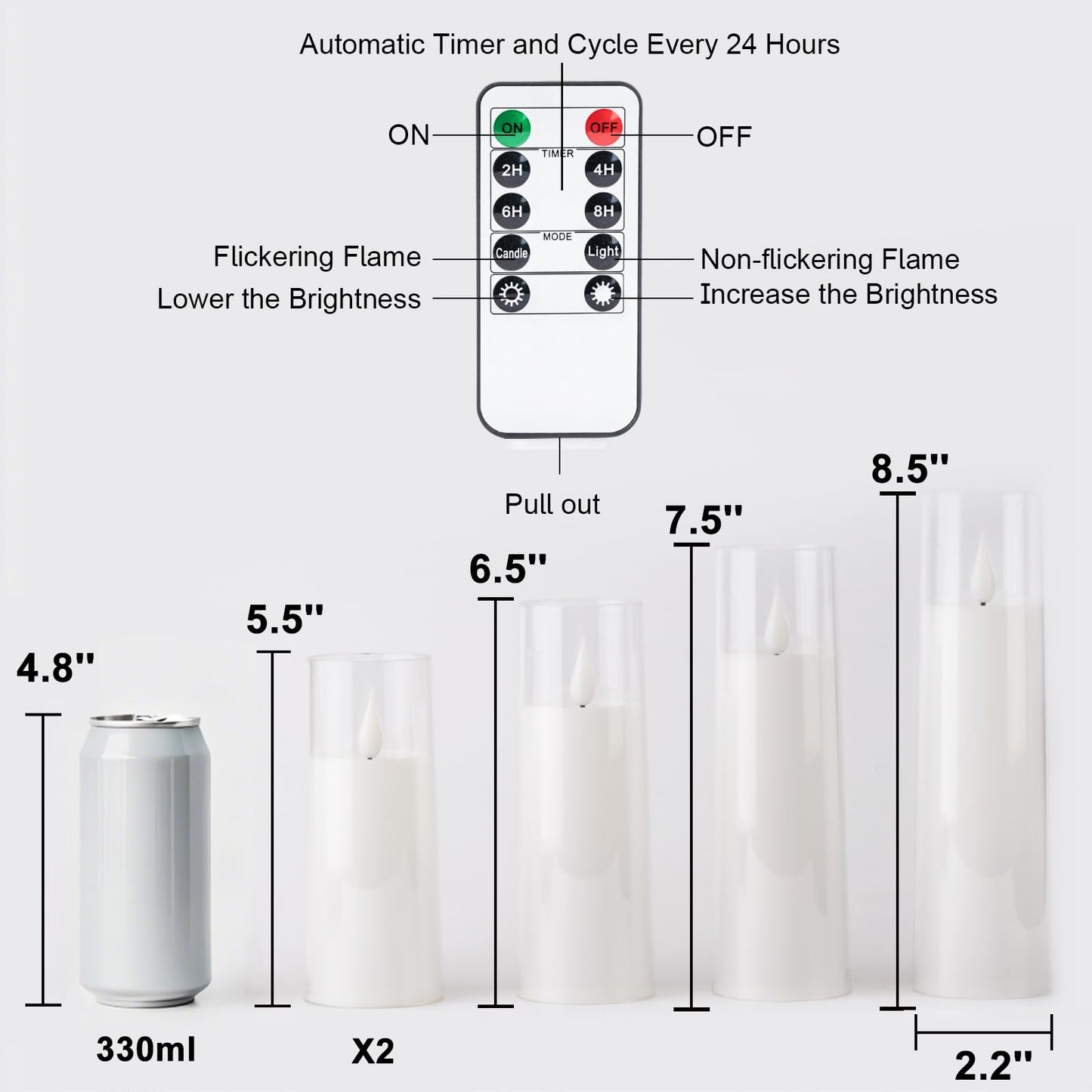 Amagic Pure White Acrylic Flameless Candles, Battery Operated Candles, Flickering LED Pillar Candles with Remote Control and Timer, Warm Yellow Light, D2.2 xH5 5" 6" 7" 8", Set of 5