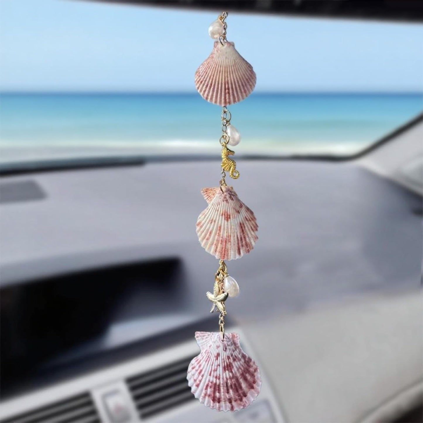 Sea Shells Car Decor,Cute Coastal Hanging Charm for Rear View Mirror, Boho Beach Themed Car Accessories,Hand-Made Starfish Conchas Aesthetic Ornament Pendant for Women