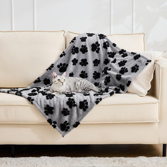 Qeils Jacquard Dog Blankets for Small Dogs, Cozy Calming Blanket for Indoor Cats, 280GSM Coral Fleece Plush Fluffy Throw Blanket, Black Paws, 25x30IN