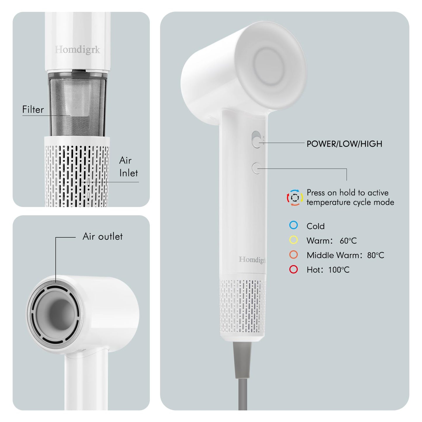 High-Speed Ionic Hair Dryer with Diffuser - 112,000 RPM Brushless Motor for Fast Drying Low Noise 4 Temp&2 Speed Settings 110V Professional Blow Dryer（Light White）