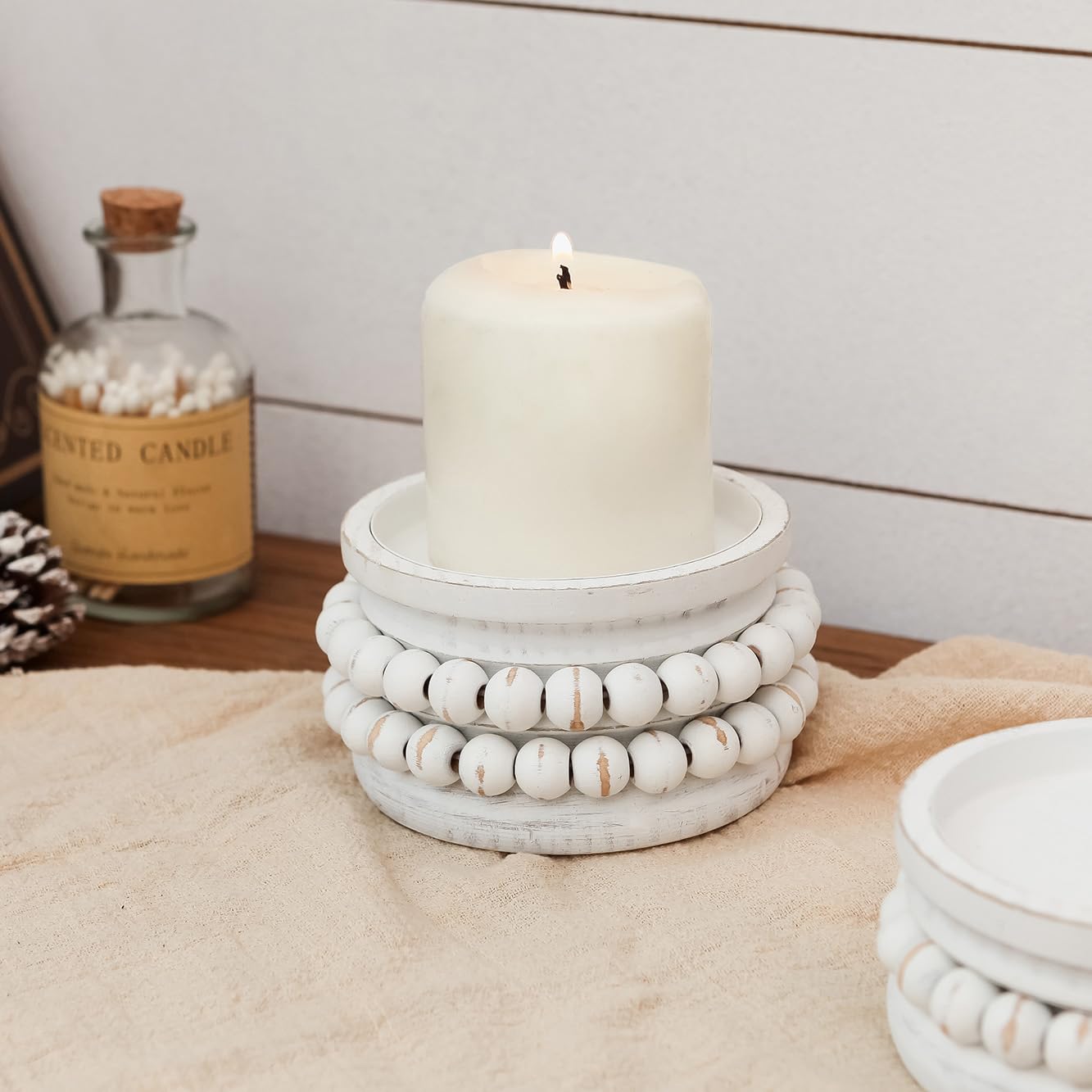 NIKKY HOME Farmhouse Beaded Wooden Candle Holders Set of 2, Rusitc Solid Wood Pillar Candlesticks Pedestal, Fireplace Mantle Table Centerpiece Decor, Distressed White