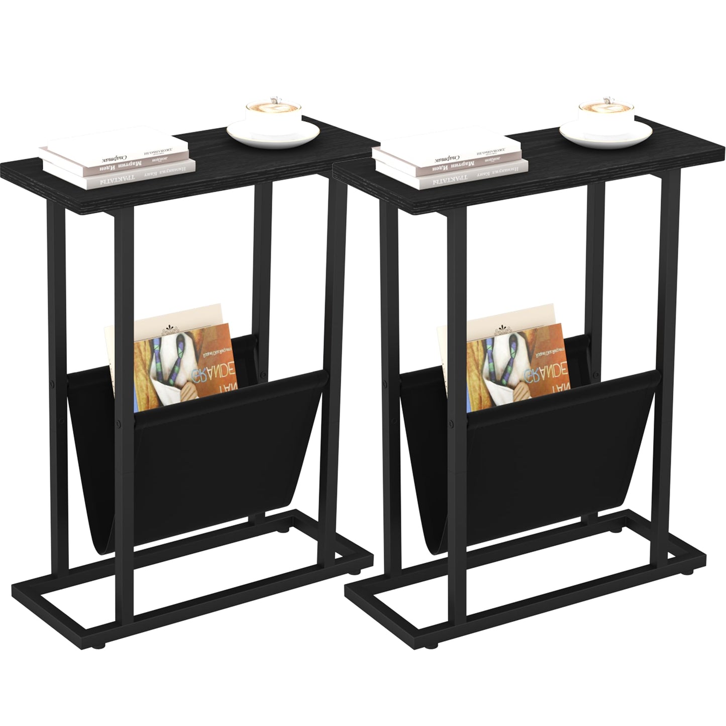 Yusong Narrow Side Table for Small Spaces, Small End Table Set of 2 with Magazine Holder, Skinny Slim Little Thin Table for Living Room, Bedroom, Sofa, Black Oak