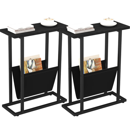 Yusong Narrow Side Table for Small Spaces, Small End Table Set of 2 with Magazine Holder, Skinny Slim Little Thin Table for Living Room, Bedroom, Sofa, Black Oak