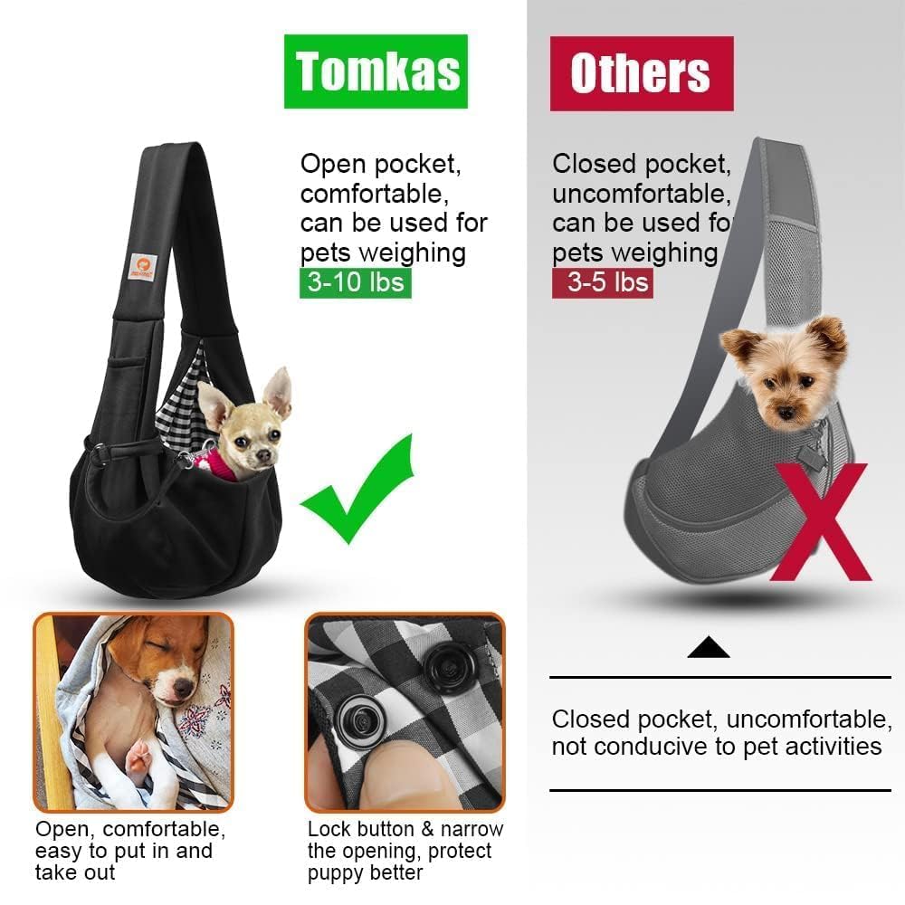 Tomkas Small Dog Sling Carrier - Classic Pocket & Classic Strap - for 3-10 lbs Pets(Black)