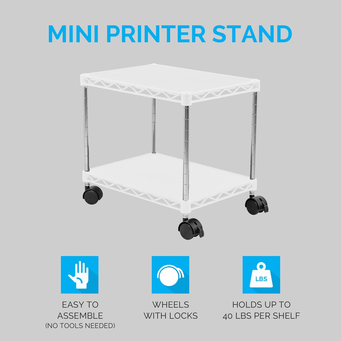 ZBRANDS Printer Stand, Mini, White, 15" x 10.6", Portable Electronic Device Stand for Small Spaces, 40lbs Capacity, Rolling Cart with Wheels, Home Printer Stand, Copier Stand