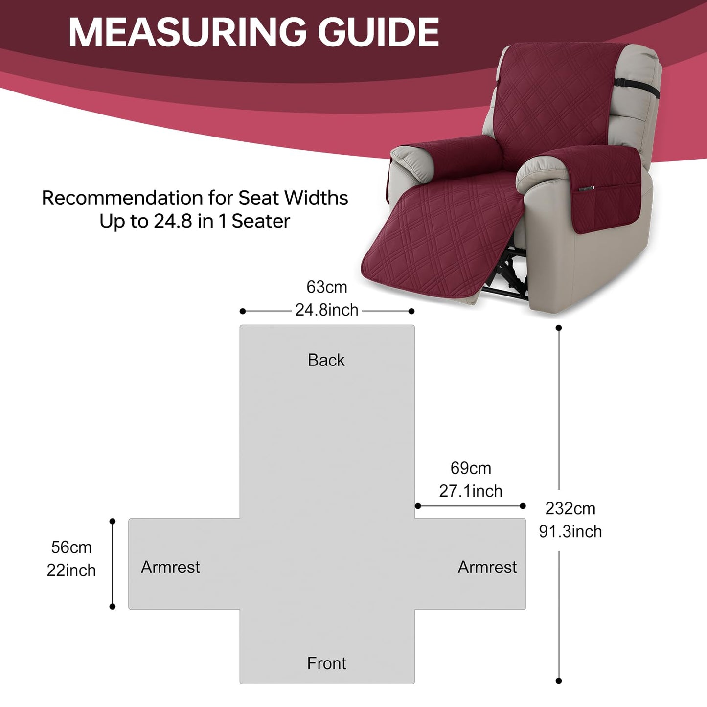Deisy Dee Waterproof Recliner Chair Covers with Storage Pocket - Extend Sofa Life, Comfortable & Washable, Available in 10 Colors (Burgandy, 24.8 ")