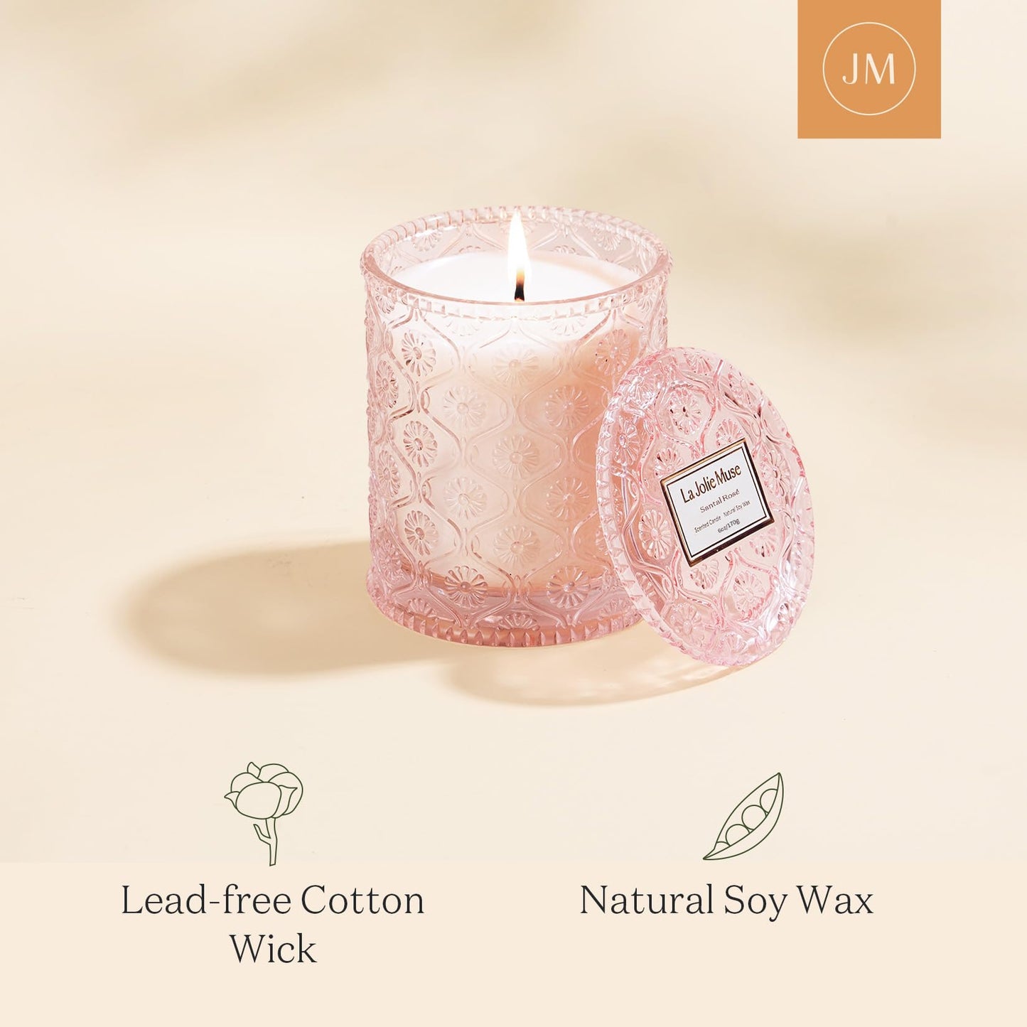 LA JOLIE MUSE Sandalwood Rose Candle, Scented Candles Gifts for Women, Natural Soy Candle, 6 oz 40 Hours Burn, Candles for Home Scented