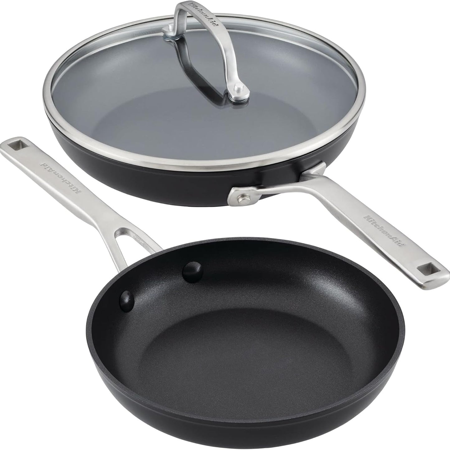 KitchenAid Hard Anodized Induction Nonstick Frying Pan Set With Lid, 3-Piece – 8 & 10 Inch Skillets, Durable, Even Heating, Dishwasher & Oven Safe, Easy-Clean, Matte Black