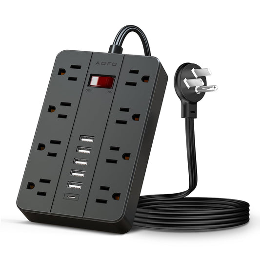 Surge Protector Flat Extension Cord Flat Plug Power Strip, AOFO 8 Widely Spaced Outlets and 6 USB Charger(1 USB C Port), 5 Ft, for Travel, Office, School, Dorm Room Essentials, Black