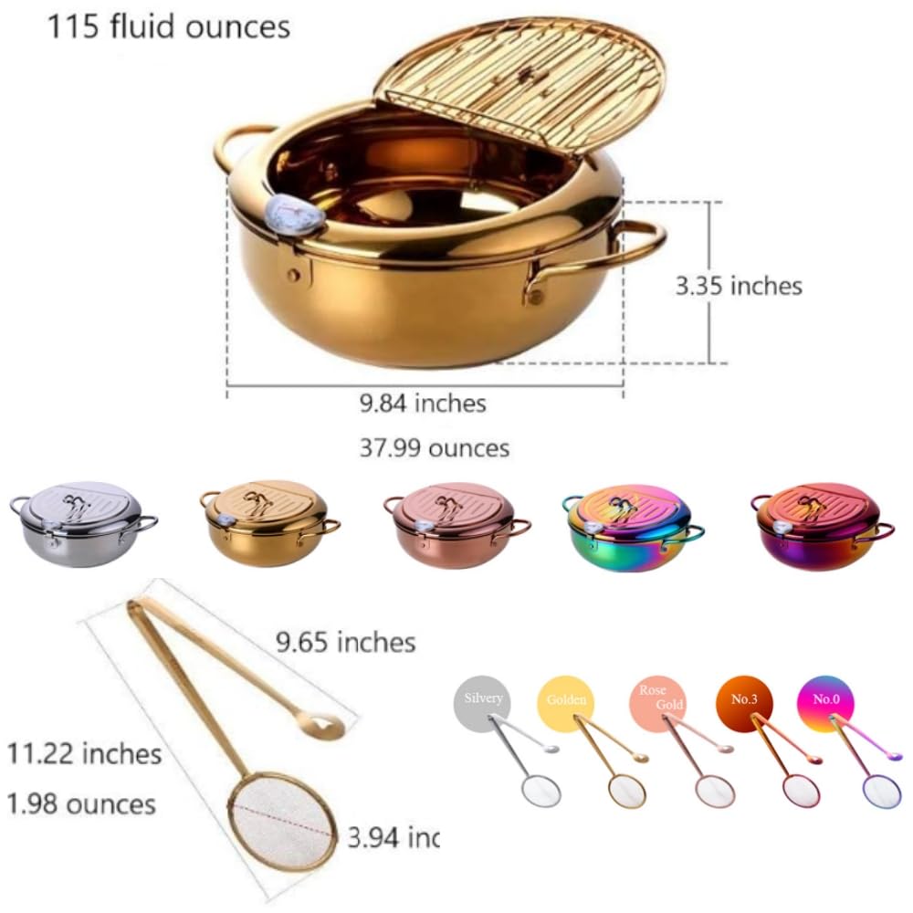 Stainless Steel Deep Fryer for Home, 115Oz Tempura Fryer Pot w/Thermometer and Oil Drip Rack Lid, Japanese Style Deep Frying Pan w/Strainer Clip, for Tempura chips, Fish, and Chicken (Rainbow Color)
