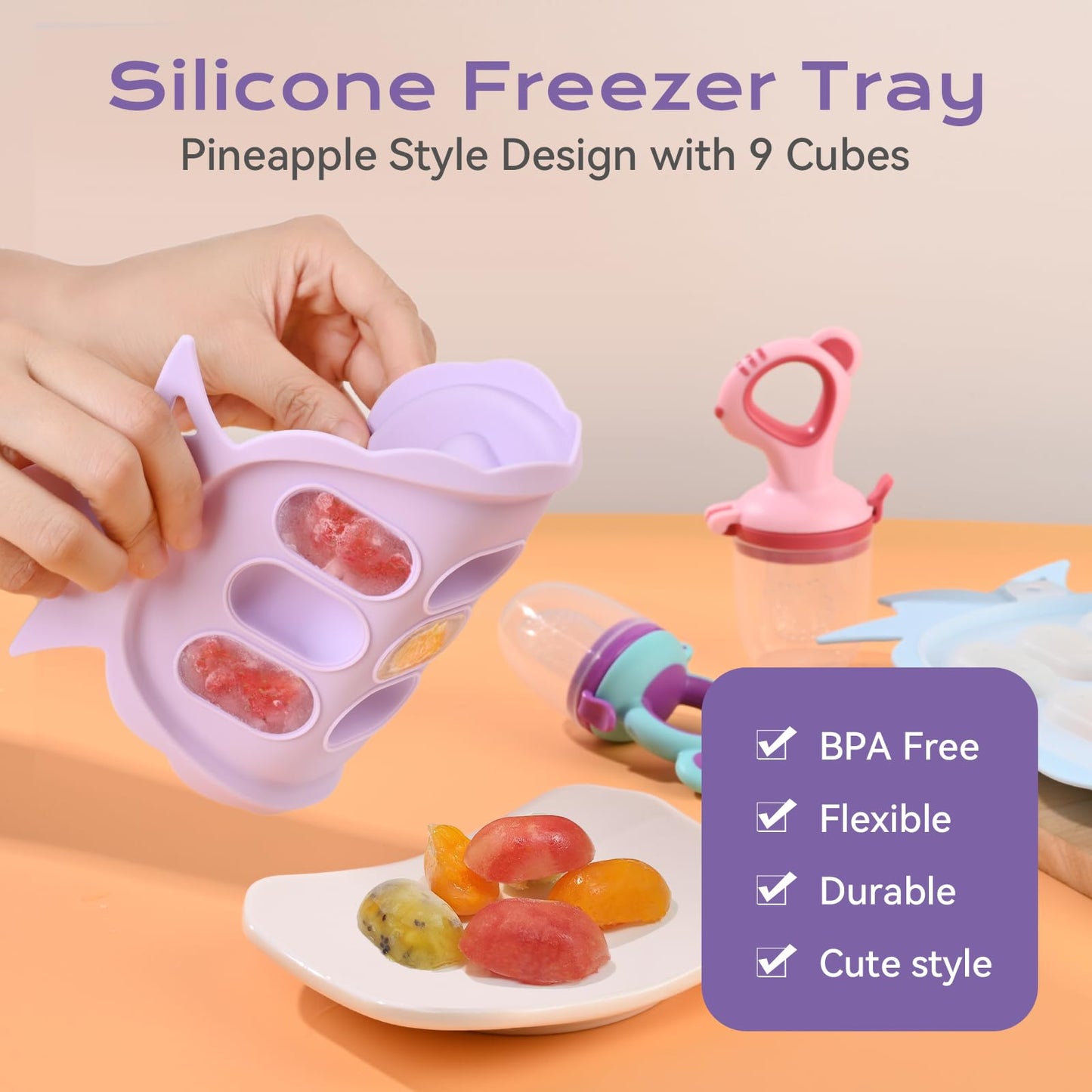 Baby Fruit Feeder & Baby Breastmilk Popsicle Molds, Baby Food Freezer Tray Storage Containers, Silicone Pacifier Feeder and Teether, Includes 6 Extra Food Pacifier
